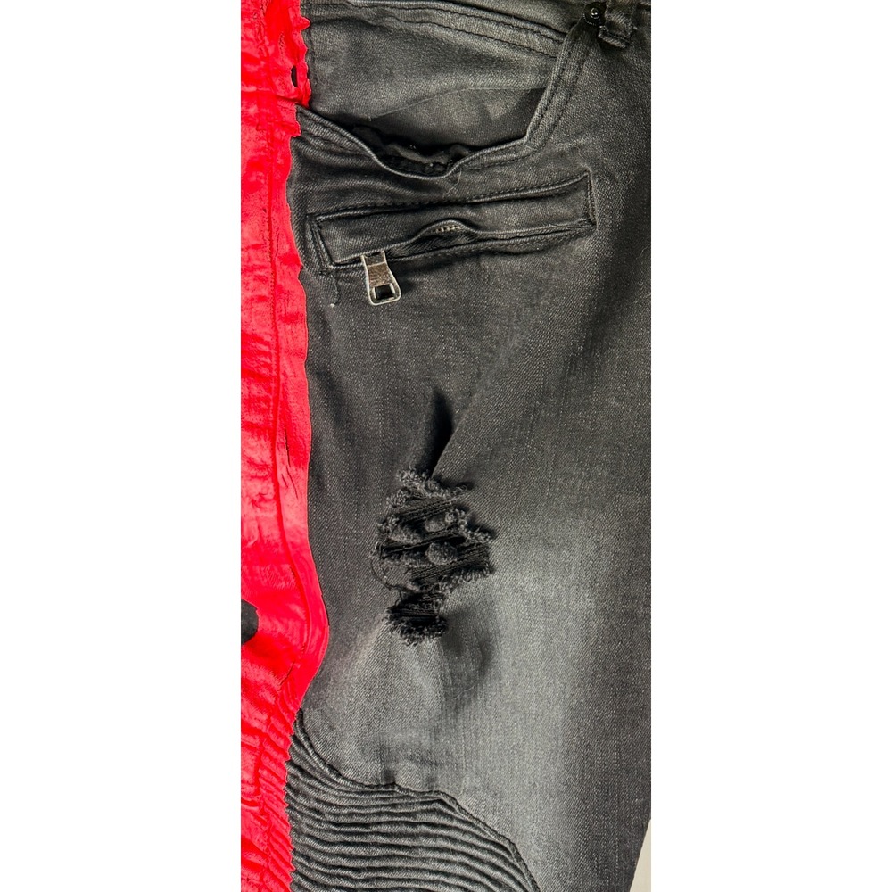 Distressed Moto Biker Jeans Mens 36 Black Red Stripe Punk Grunge Y2K Streetwear - Picture 4 of 11